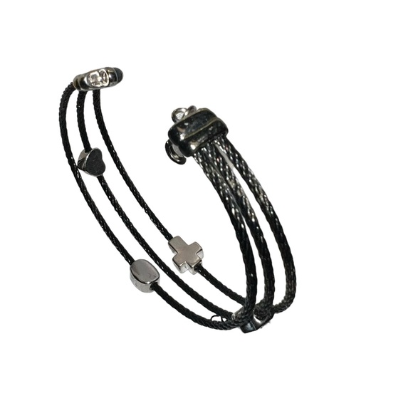 QVC?  Beautiful Black 3  Cable  Wrap  7” Bracelet W/ Rhinestone Cross Heart New - Picture 4 of 5